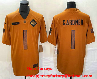 Men's New York Jets #1 Ahmad Sauce Gardner Brown 2023 Salute To Service Limited Stitched Jersey