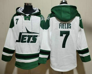Men's New York Jets #7 Justin Fields White Ageless Must Have Lace Up Pullover Hoodie