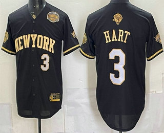 Men's New York Knicks #3 Josh Hart Black Gold 2026 Finals Champions Patch Stitched Baseball Jersey