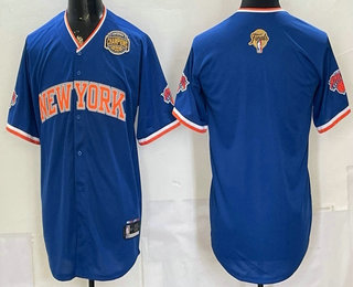 Men's New York Knicks Blank Blue 2026 Finals Champions Patch Stitched Baseball Jersey