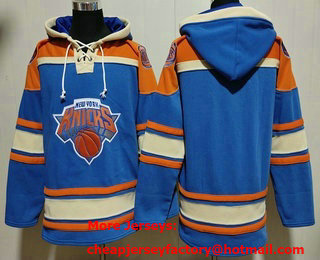 Men's New York Knicks Blank Blue Ageless Must Have Lace Up Pullover Hoodie