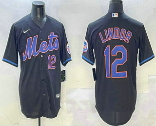 Men's New York Mets #12 Francisco Lindor Black Fashion Stitched Jersey