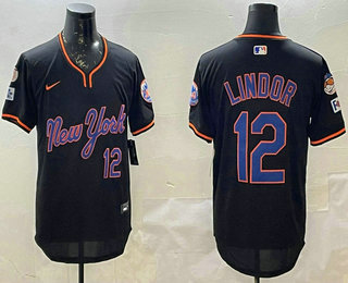 Men's New York Mets #12 Francisco Lindor Black Fashion Throwback Stitched Jersey