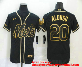 Men's New York Mets #20 Pete Alonso Black With Gold Stitched MLB Flex Base Nike Jersey