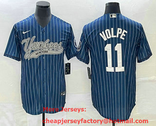 Men's New York Yankees #11 Anthony Volpe Blue Pinstripe Cool Base Stitched Baseball Jersey