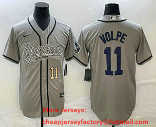Men's New York Yankees #11 Anthony Volpe Number Grey With Patch Cool Base Stitched Baseball Jersey