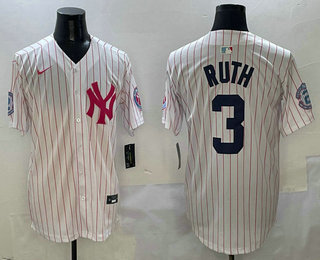 Men's New York Yankees #3 Babe Ruth White Pink Pinstripe Fashion Cool Base Jersey