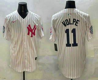 Men's New York Yankees #11 Anthony Volpe White Pink Pinstripe Fashion Cool Base Jersey