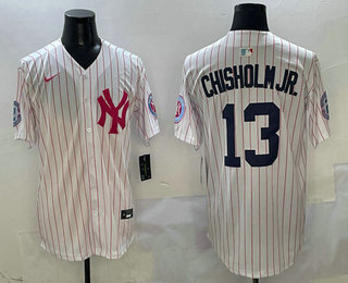 Men's New York Yankees #13 Jazz Chisholm Jr White Pink Pinstripe Fashion Cool Base Jersey