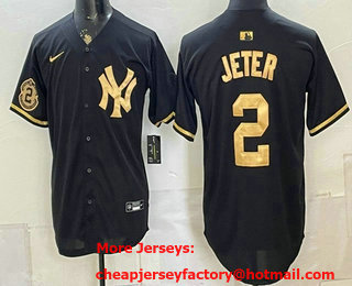 Men's New York Yankees #2 Derek Jeter Black Gold With Patch Stitched Baseball Jersey