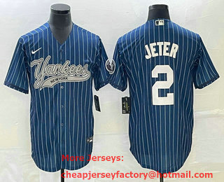 Men's New York Yankees #2 Derek Jeter Blue Pinstripe Cool Base Stitched Baseball Jersey