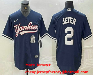 Men's New York Yankees #2 Derek Jeter Navy With Patch Cool Base Stitched Baseball Jersey 02