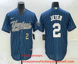 Men's New York Yankees #2 Derek Jeter Number Blue Pinstripe Cool Base Stitched Baseball Jersey