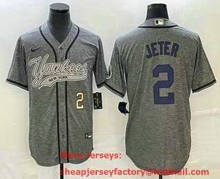 Men's New York Yankees #2 Derek Jeter Number Grey Gridiron Cool Base Stitched Baseball Jersey