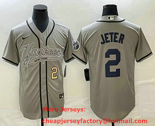 Men's New York Yankees #2 Derek Jeter Number Grey With Patch Cool Base Stitched Baseball Jersey