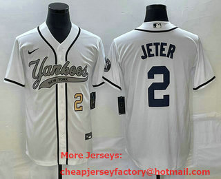 Men's New York Yankees #2 Derek Jeter Number White Cool Base Stitched Baseball Jersey