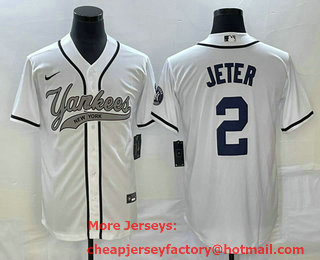 Men's New York Yankees #2 Derek Jeter White Cool Base Stitched Baseball Jersey