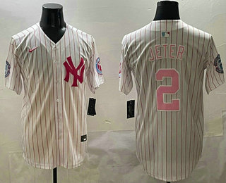 Men's New York Yankees #2 Derek Jeter White Pink Pinstripe Fashion Cool Base Jersey 02