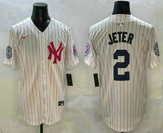Men's New York Yankees #2 Derek Jeter White Pink Pinstripe Fashion Cool Base Jersey