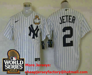Men's New York Yankees #2 Derek Jeter White Pinstripe 2024 World Series Stitched Jersey