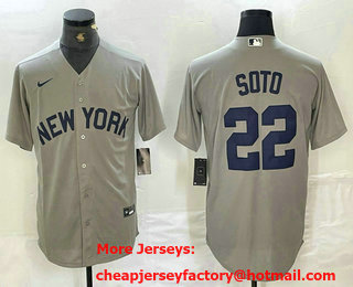 Men's New York Yankees #22 Juan Soto Name 2021 Grey Field of Dreams Cool Base Stitched Baseball Jersey