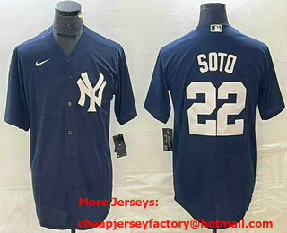 Men's New York Yankees #22 Juan Soto Name Navy Blue Cool Base Stitched Baseball Jersey