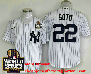 Men's New York Yankees #22 Juan Soto White Pinstripe 2024 World Series Stitched Jersey