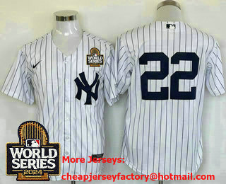 Men's New York Yankees #22 Juan Soto White Pinstripe Without Name 2024 World Series Stitched Jersey