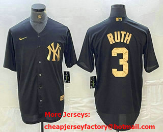 Men's New York Yankees #3 Babe Ruth Black Gold Cool Base Stitched Jersey