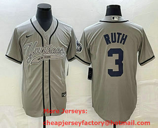Men's New York Yankees #3 Babe Ruth Grey With Patch Cool Base Stitched Baseball Jersey