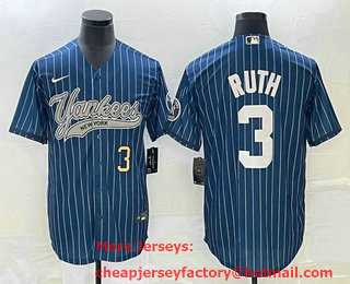Men's New York Yankees #3 Babe Ruth Number Blue Pinstripe Cool Base Stitched Baseball Jersey