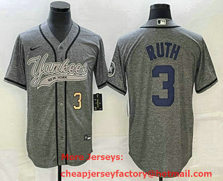 Men's New York Yankees #3 Babe Ruth Number Grey Gridiron Cool Base Stitched Baseball Jersey