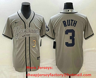 Men's New York Yankees #3 Babe Ruth Number Grey With Patch Cool Base Stitched Baseball Jersey