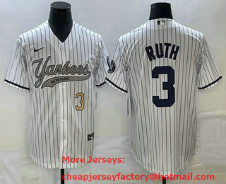 Men's New York Yankees #3 Babe Ruth Number White With Patch Cool Base Stitched Baseball Jersey