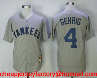 Men's New York Yankees #4 Lou Gehrig Gray Road Cooperstown Collection Stitched MLB Cool Base Jersey