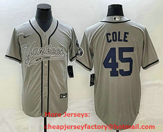 Men's New York Yankees #45 Gerrit Cole Grey With Patch Cool Base Stitched Baseball Jersey