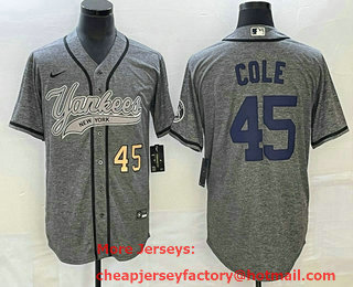 Men's New York Yankees #45 Gerrit Cole Number Grey Gridiron Cool Base Stitched Baseball Jersey
