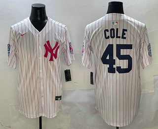 Men's New York Yankees #45 Gerrit Cole White Pink Pinstripe Fashion Cool Base Jersey