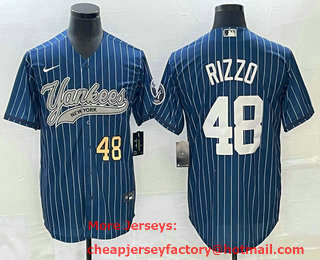 Men's New York Yankees #48 Anthony Rizzo Number Blue Pinstripe Cool Base Stitched Baseball Jersey