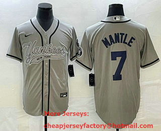 Men's New York Yankees #7 Mickey Mantle Grey With Patch Cool Base Stitched Baseball Jersey