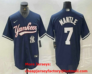 Men's New York Yankees #7 Mickey Mantle Navy With Patch Cool Base Stitched Baseball Jersey 01