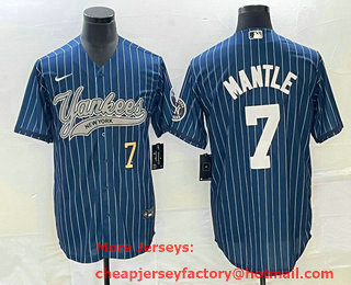 Men's New York Yankees #7 Mickey Mantle Number Blue Pinstripe Cool Base Stitched Baseball Jersey
