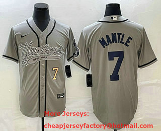 Men's New York Yankees #7 Mickey Mantle Number Grey With Patch Cool Base Stitched Baseball Jersey