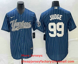 Men's New York Yankees #99 Aaron Judge Blue Pinstripe Cool Base Stitched Baseball Jersey