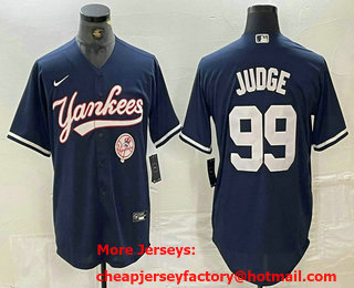 Men's New York Yankees #99 Aaron Judge Navy With Patch Cool Base Stitched Baseball Jersey 02
