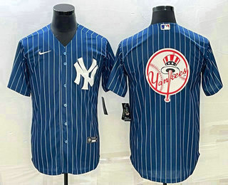 Men's New York Yankees Big Logo Navy Blue Pinstripe Stitched MLB Cool Base Nike Jersey 02