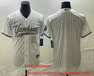 Men's New York Yankees Big Logo White Pinstripe Cool Base Stitched Baseball Jersey 02