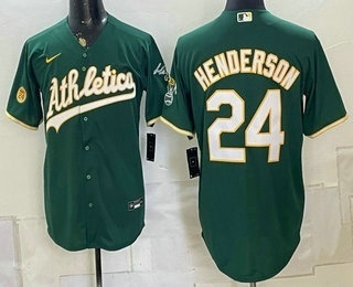 Men's Oakland Athletics #24 Rickey Henderson Green With Patch Stitched Jersey