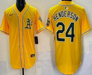 Men's Oakland Athletics #24 Rickey Henderson Yellow Cool Base Jersey