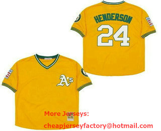 Men's Oakland Athletics #24 Rickey Henderson Yellow Hall of Fame Throwback Jersey